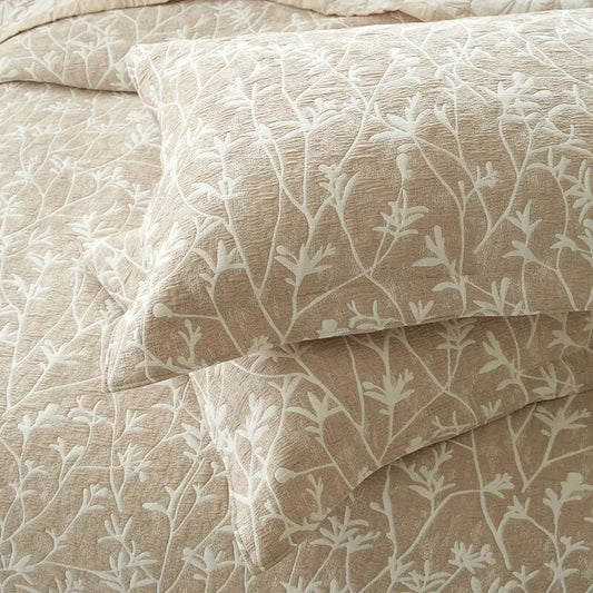 Colcha de Verano Jacquard Algodón Beige, Diseño Botánico – Calidad Premum.