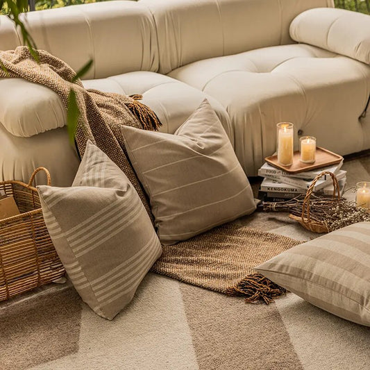 Funda de Cojín con Lino Beige a Rayas – Ideal para Sofás, Camas y Decoración Nórdica