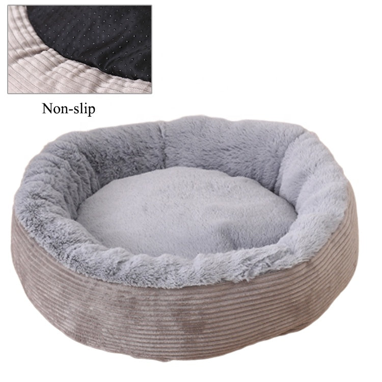 Light grey dog bed with short pile and soft fleece exterior