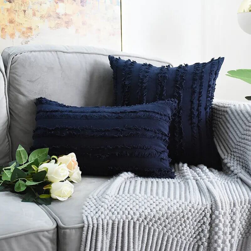 Fringed Cushion Cover Navy Blue - Cotton Linen