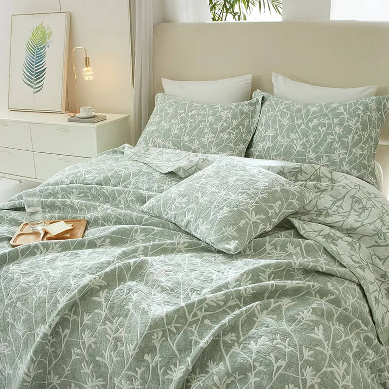 Colcha de Verano Jacquard Algodón Verde, Diseño Botánico – Calidad Premium.