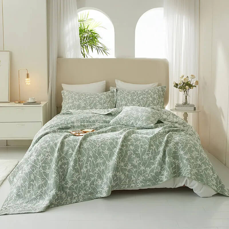 Colcha de Verano Jacquard Algodón Verde, Diseño Botánico – Calidad Premium.