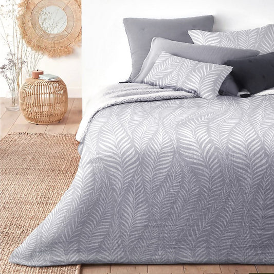 Warm sherpa winter duvet with gray leaf print.