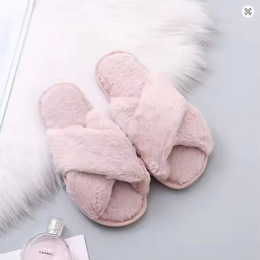 Pink open slippers with very soft fur