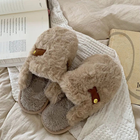 Brown slippers with very soft fur, warm and comfortable