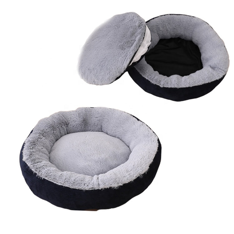 Navy blue dog bed with short pile and soft fleece exterior