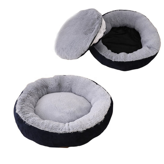 Navy blue dog bed with short pile and soft fleece exterior