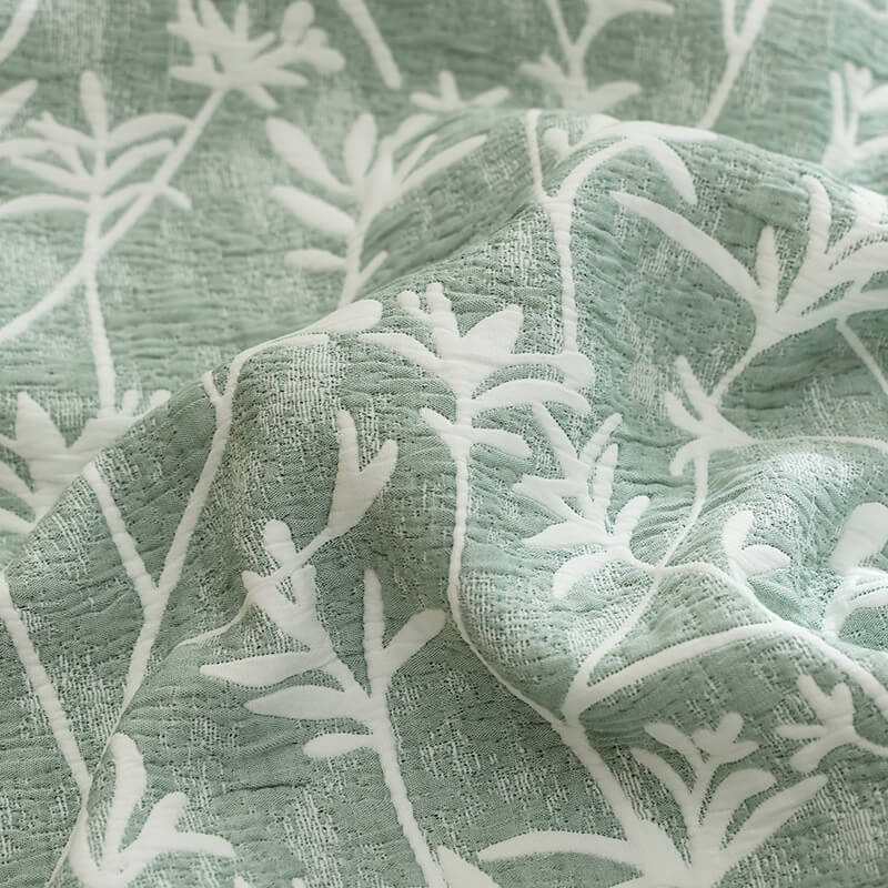 Colcha de Verano Jacquard Algodón Verde, Diseño Botánico – Calidad Premium.