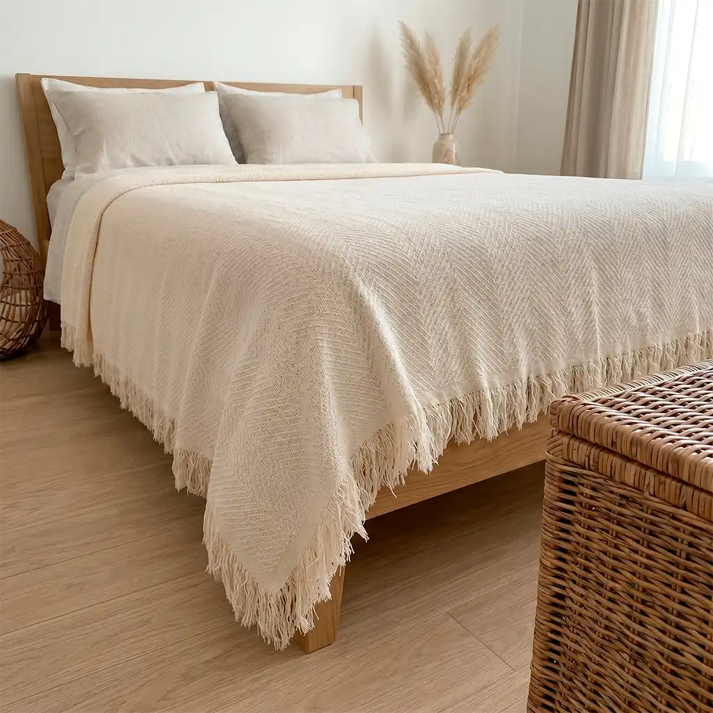 Colcha de algodón tono crudo o marfil doblada a los pies de la cama. Un detalle decorativo que aporta calidez y textura natural a la habitación.