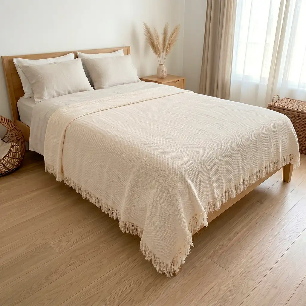 Colcha de verano multiusos en color blanco roto extendida sobre una cama. Tejido luminoso y transpirable 80% algodón que aporta amplitud y frescura al dormitorio.