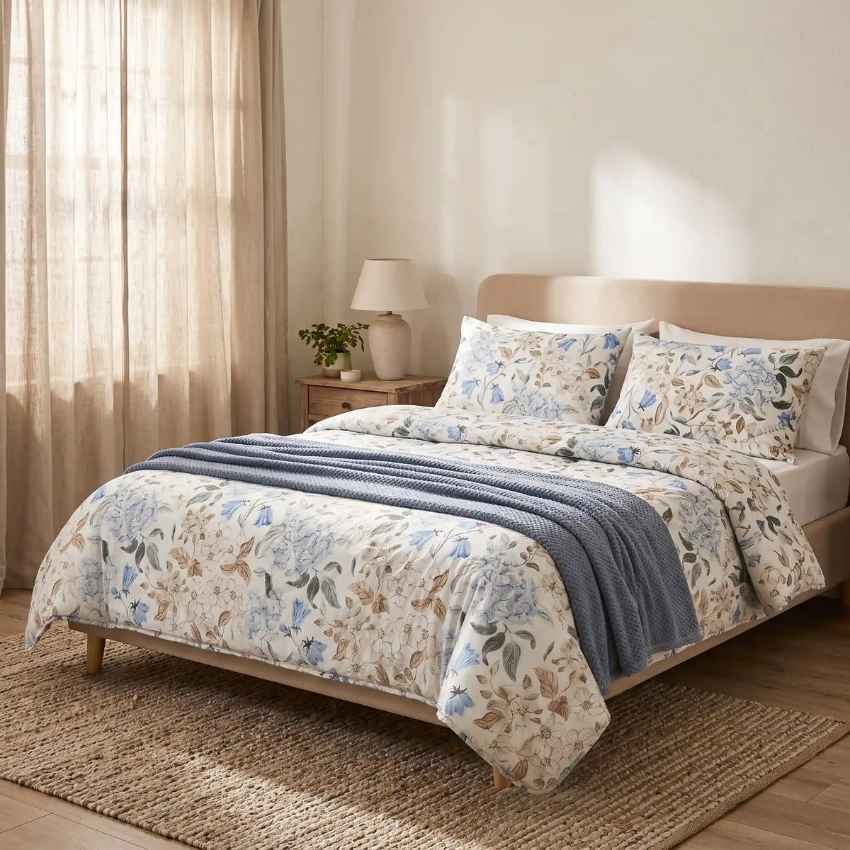 Cama de matrimonio vestida con un edredón estampado botánico en tonos azules y taupé, incluyendo dos fundas de almohada a juego en un dormitorio luminoso.