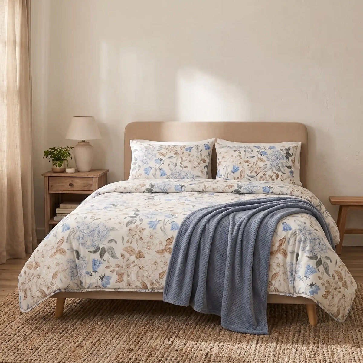 Dormitorio acogedor con edredón floral azul y una manta texturizada en tono azul grisáceo doblada a los pies de la cama para mayor calidez.