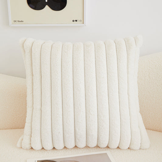 Funda de cojín de pelo corto polar blanco con textura de rayas, medida 45x45 cm, suave, cálida y decorativa para sofá o cama.