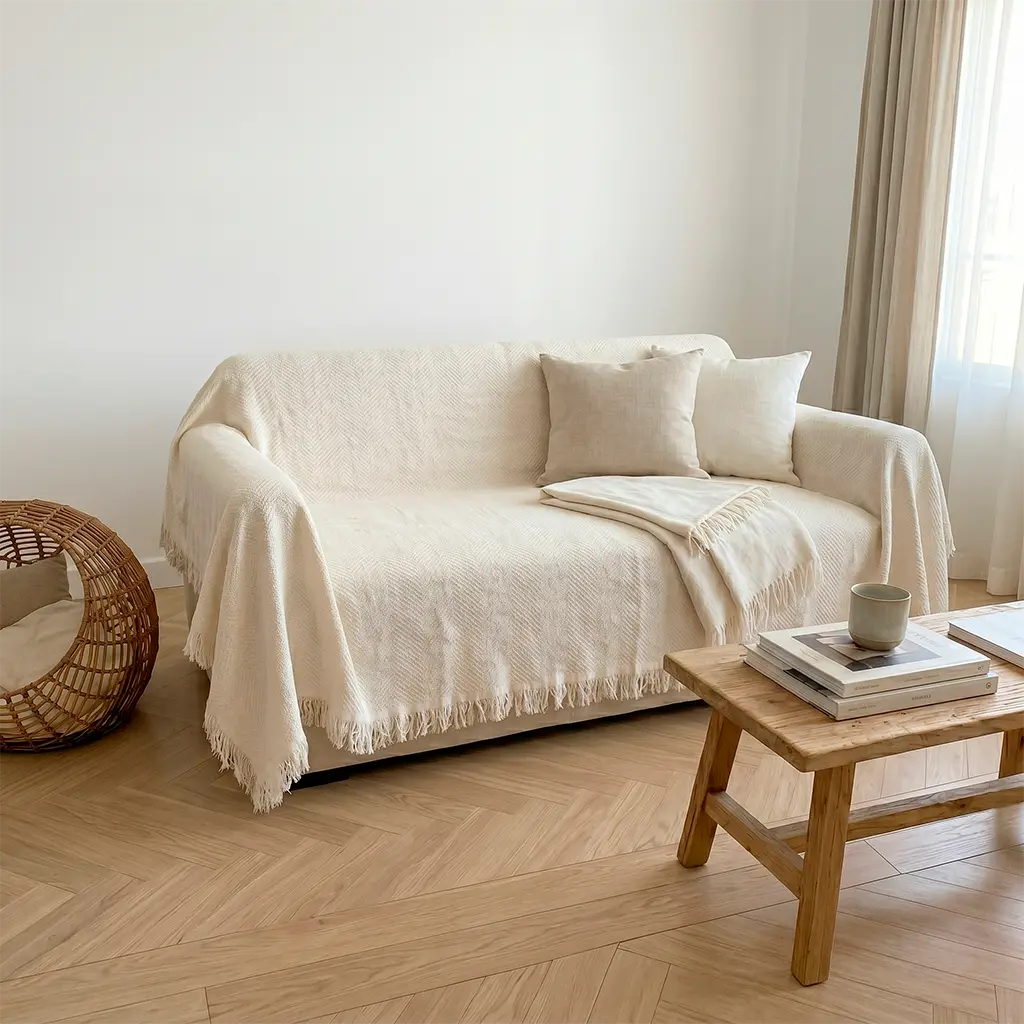 Colcha multiusos blanco roto utilizada como elegante funda cubre sofá para iluminar el salón. Tejido de algodón resistente con caída natural.