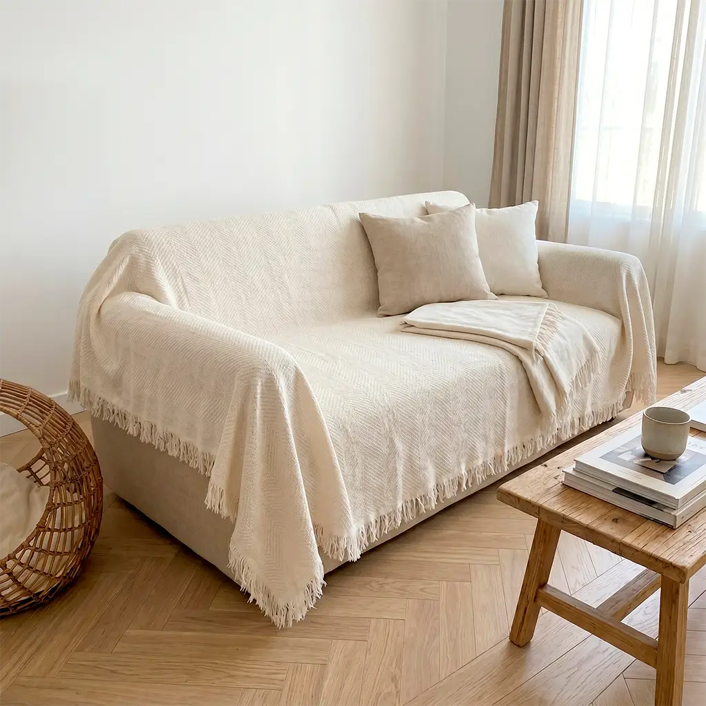 Plaid de verano color blanco cálido con flecos sobre un sofá. Estética ibicenca y mediterránea ideal para refrescar la decoración en los meses de calor.