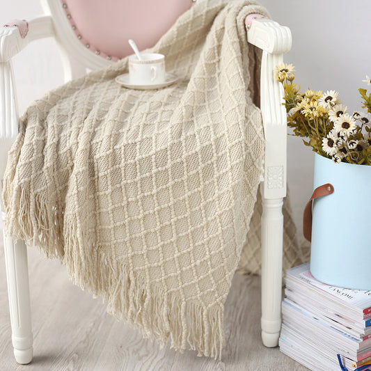 Manta de punto con flecos. Color beige. - Oma Home
