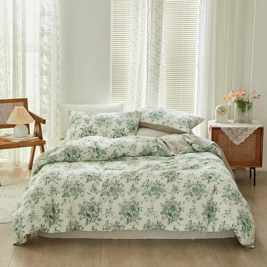 Funda nórdica de flores verdes con estampado reversible, 100% Algodón.