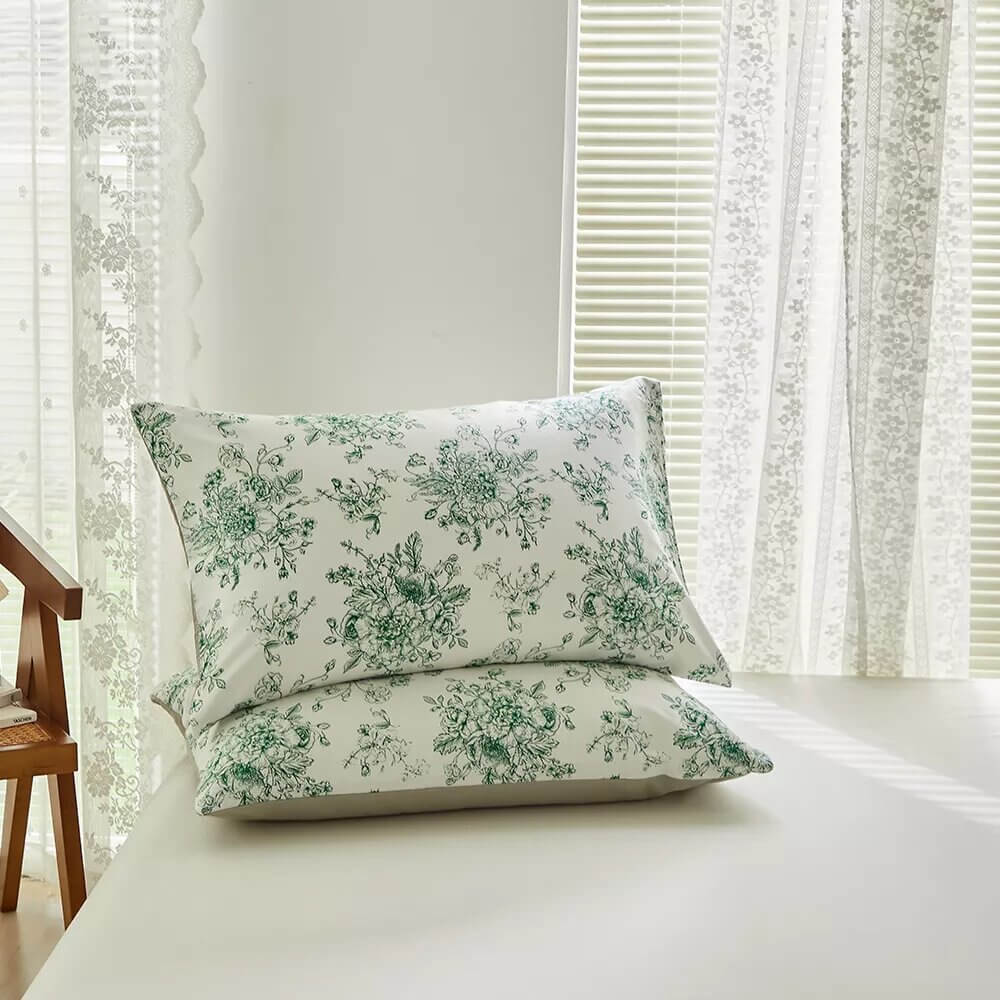 Funda nórdica de flores verdes con estampado reversible, 100% Algodón.
