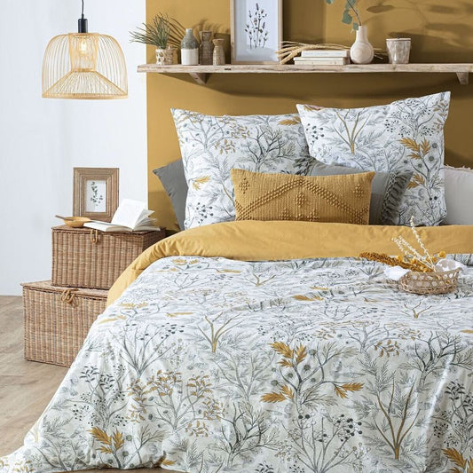 Reversible duvet cover with FOREST print with mustard leaves